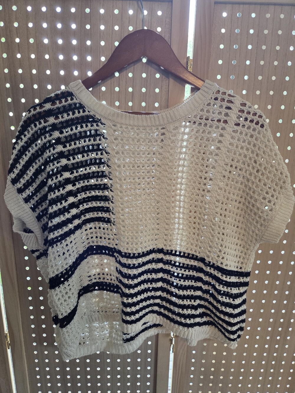 Blu Pepper Cream and Black Open-Knit Striped Cropped Sweater
